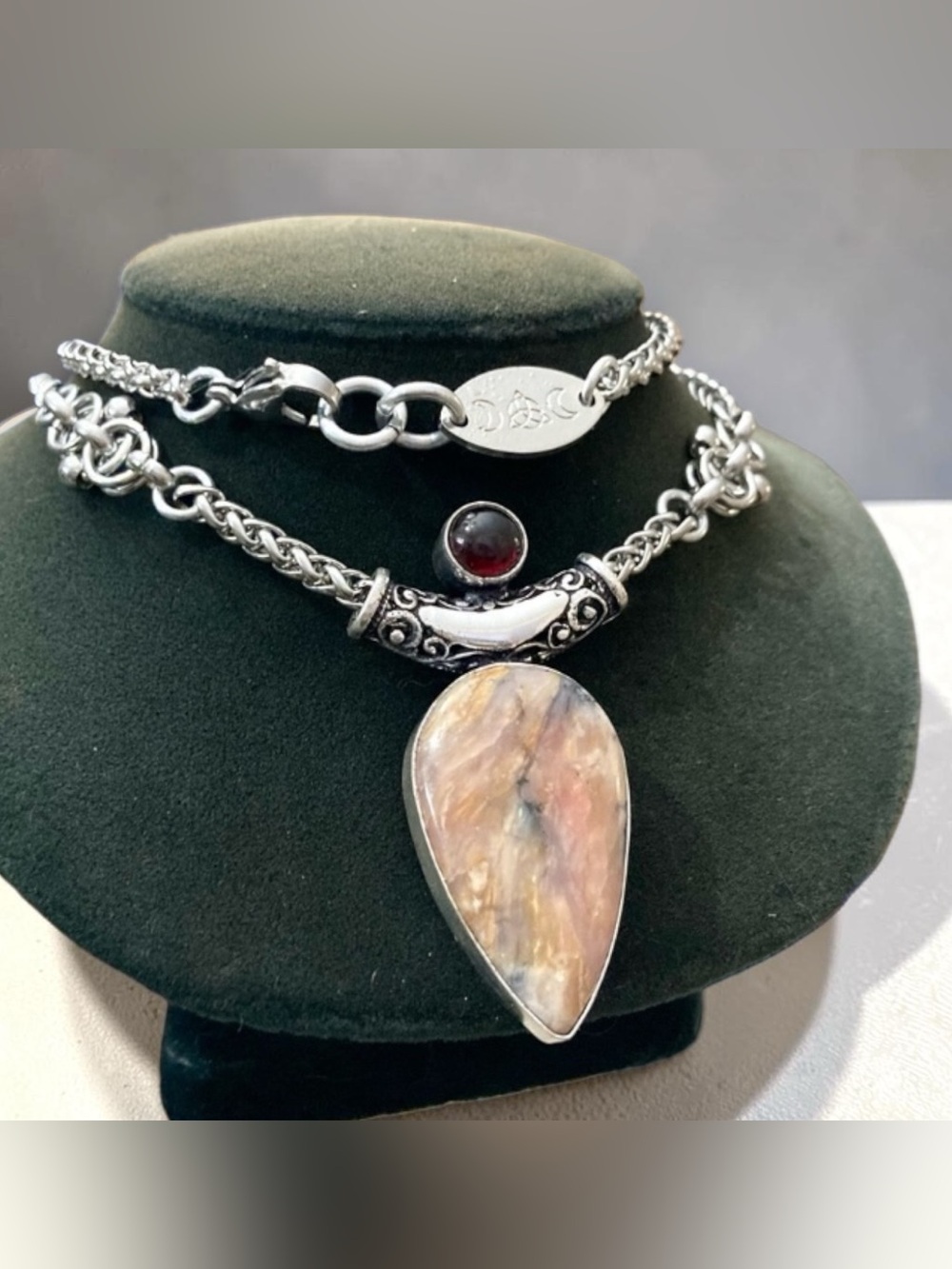 Red garnet & jasper gemstone boho celtic knot design necklace